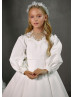 Long Sleeves Beaded Ivory Lace Satin Flower Girl Dress